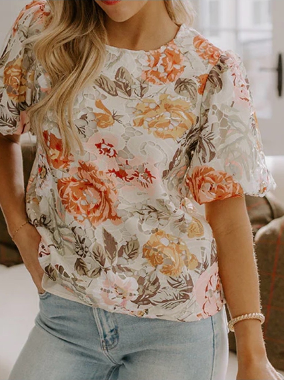 Skies Are Blue Floral Lace Puff-Sleeve Blouse in Cream, Pink & Orange